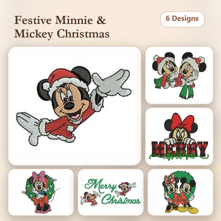 Christmas-themed Disney Characters Embroidery Designs Bundle – Minnie with Santa Hat, Mickey with Holly, & More (6 Designs)