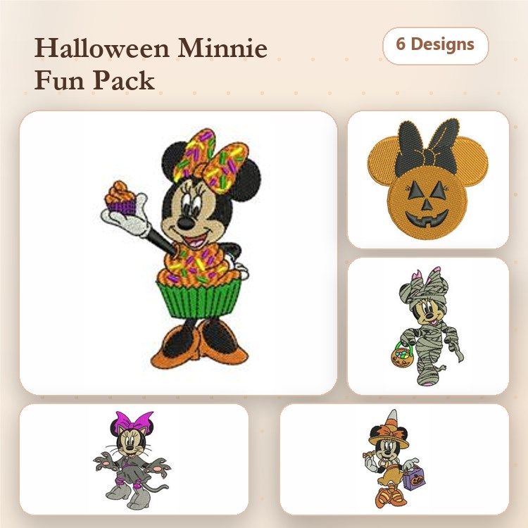 Halloween Minnie Mouse Embroidery Bundle – Minnie with Cupcake, Mummy Costume, Pumpkin & More (6 Designs)