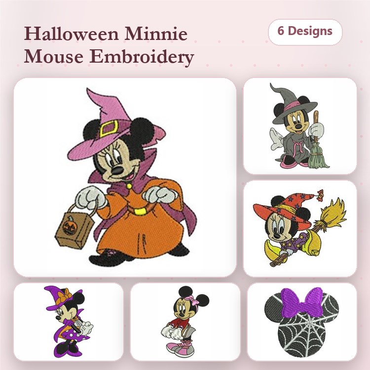 Halloween Minnie Mouse Embroidery Designs Bundle – Witch Costume, Broomstick, Cauldron & More (6 Designs)