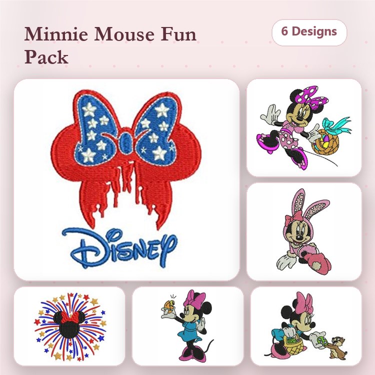 Minnie Mouse Embroidery Bundle – With Stars Bow, Basket, Flowers & More (6 Designs)