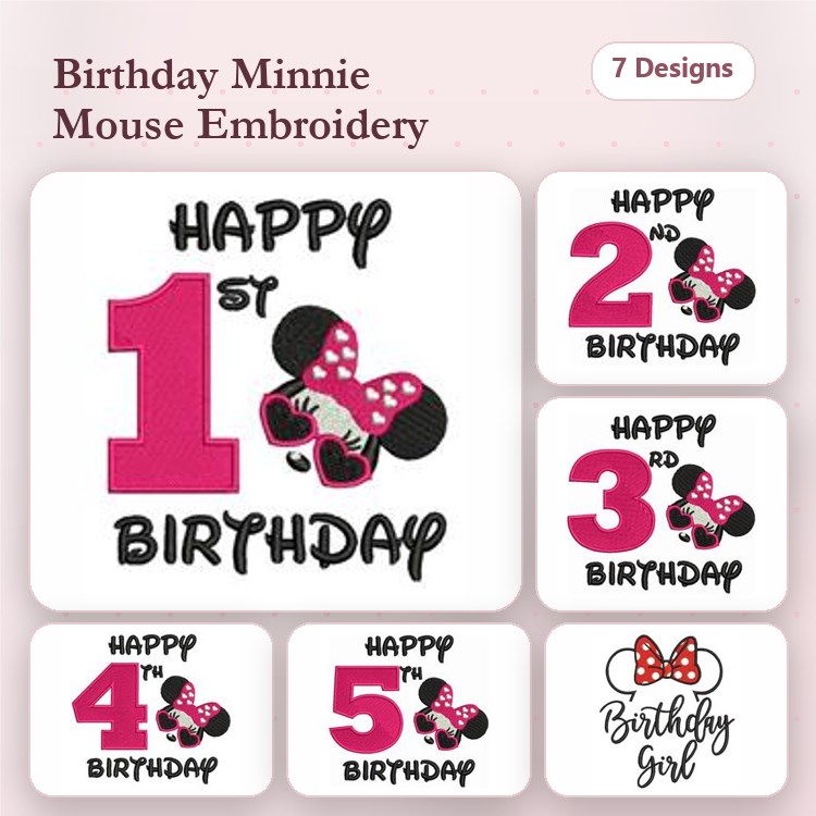 Minnie Mouse Birthday Embroidery Bundle – Happy 1st, 2nd, 3rd & More (7 Designs)