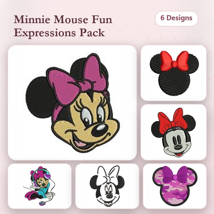 Minnie Mouse Expressions Embroidery Designs Bundle – Pink Bow, Red Bow, Floral Bow & More (6 Designs)