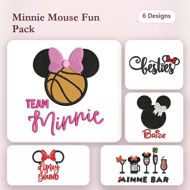 Minnie Mouse Embroidery Designs Bundle – Team Minnie Basketball, Besties, Bride & More (6 Designs)