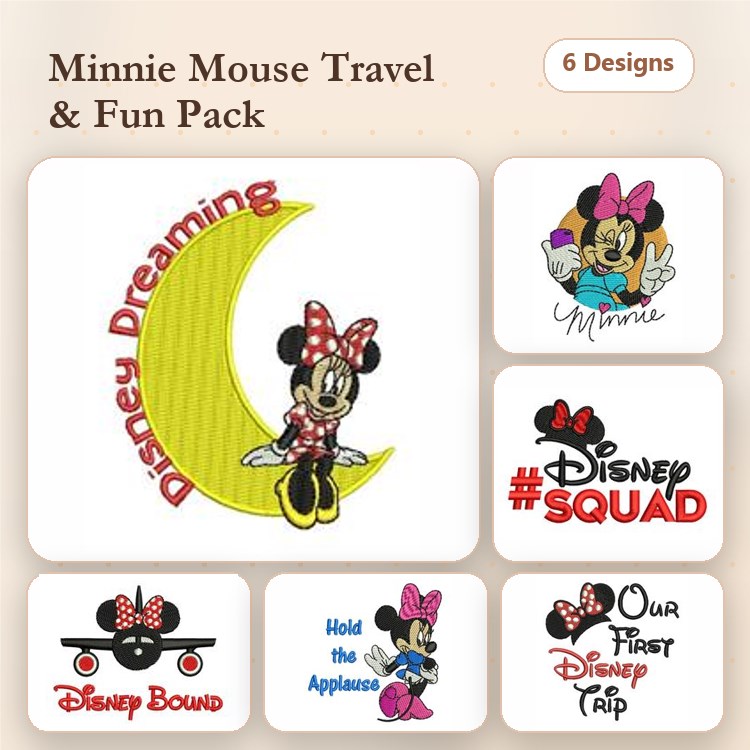 Minnie Mouse Travel Embroidery Bundle – Dreaming on Moon, Disney Squad, Hold the Applause & More (6 Designs)