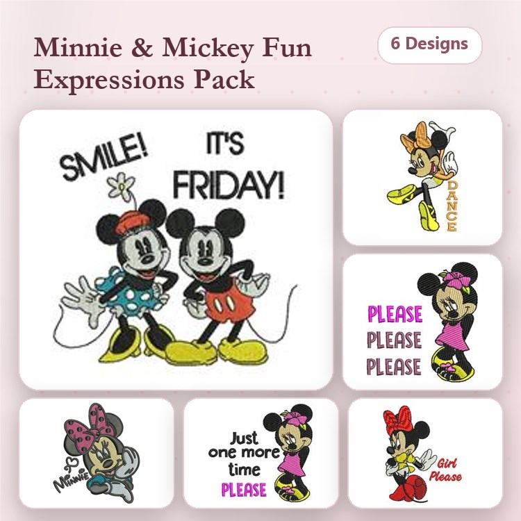 Mickey & Minnie Expressions Embroidery Designs Bundle – Smile, It's Friday, Dancing & More (6 Designs)