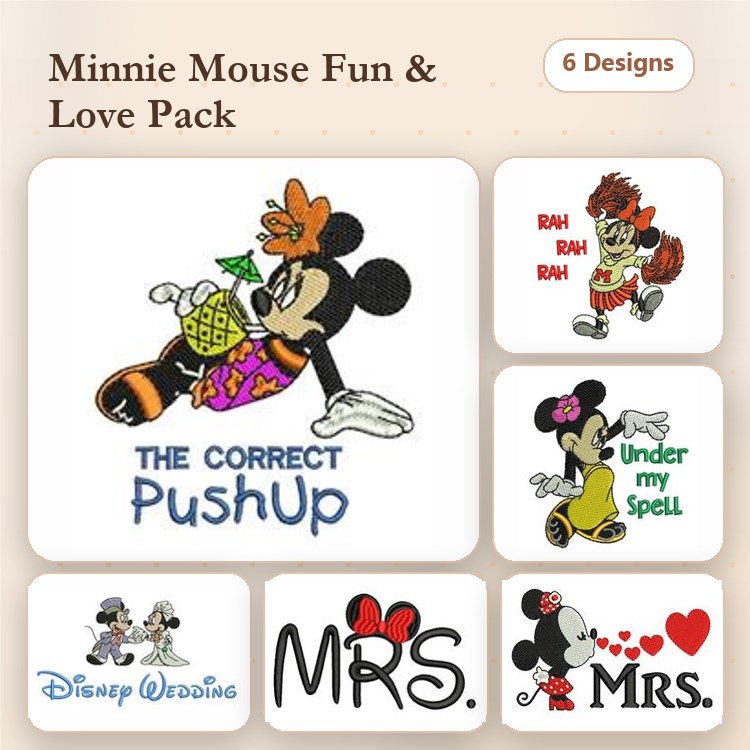 Minnie Mouse Wedding Embroidery Designs Bundle – Minnie Mouse Push Up, Minnie Mouse Under my Spell, & More (6 Designs)