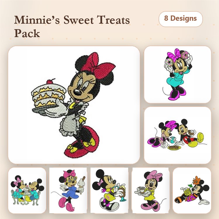 Minnie Mouse with Desserts Embroidery Designs Bundle – Cake, Cupcake, Ice Cream & More (8 Designs)