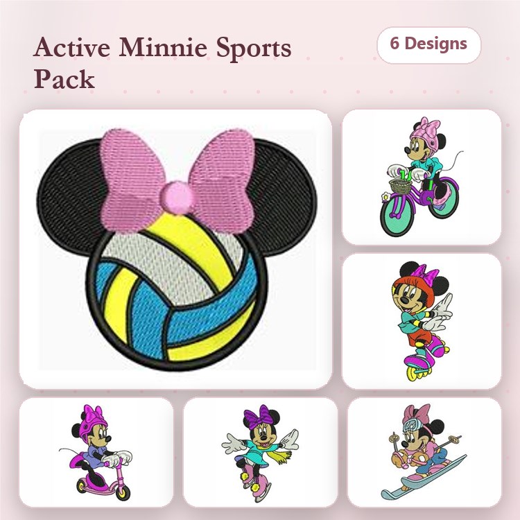 Active Minnie Mouse Sports Embroidery Designs Bundle – Volleyball, Biking, Skating & More (6 Designs)