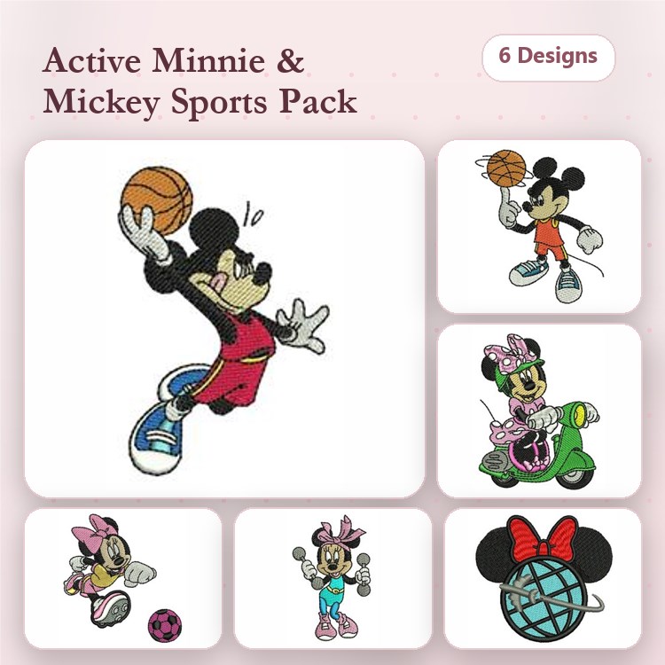 Minnie & Mickey Mouse Sports Embroidery Designs Bundle – Basketball Player, Scooter, Football & More (6 Designs)