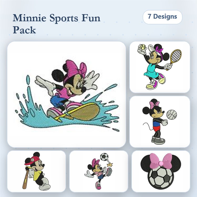 Minnie Mouse Sports Activities Embroidery Designs Bundle – Surfing, Tennis, Soccer & More (7 Designs)