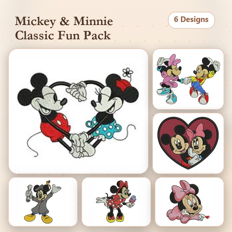 Mickey & Minnie Mouse Embroidery Designs Bundle – Holding Hands, Flowers, Heart & More (6 Designs)