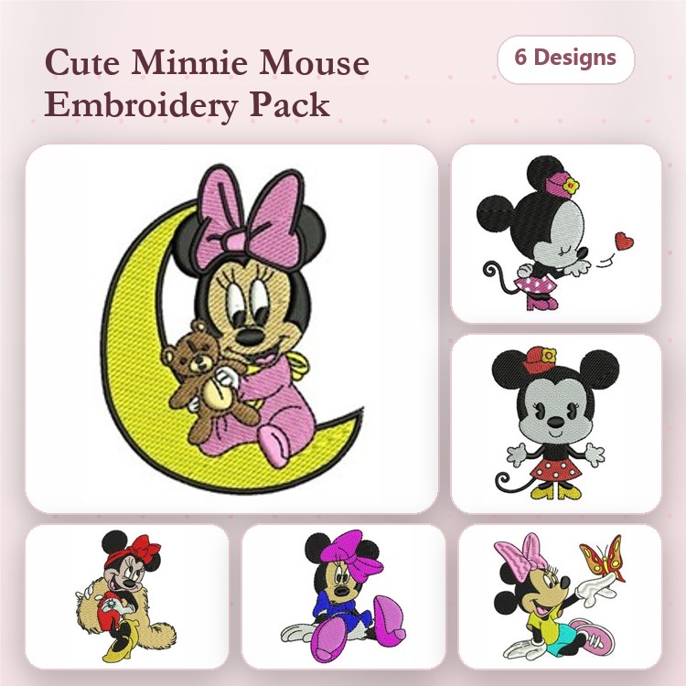 Minnie Mouse Embroidery Designs Bundle – Minnie on Moon, Minnie with Bear, Minnie with Butterfly & More (6 Designs)
