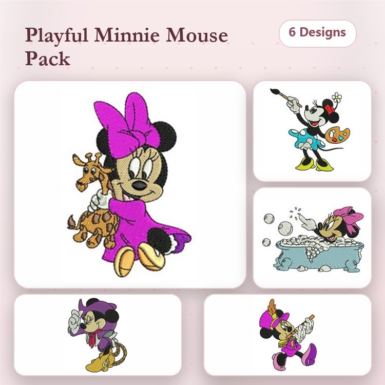 Playful Minnie Mouse Embroidery Designs Bundle – Minnie with Giraffe, Cooking, in Bathtub & More (6 Designs)
