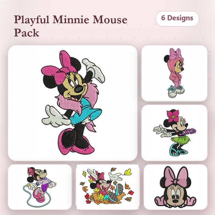 Playful Minnie Mouse Embroidery Bundle – Minnie Mouse Dancing, Skating, with Flowers & More (6 Designs)