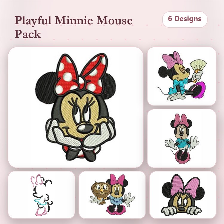 Playful Minnie Mouse Embroidery Bundle – Thinking, Ice Cream, Laughing & More (6 Designs)