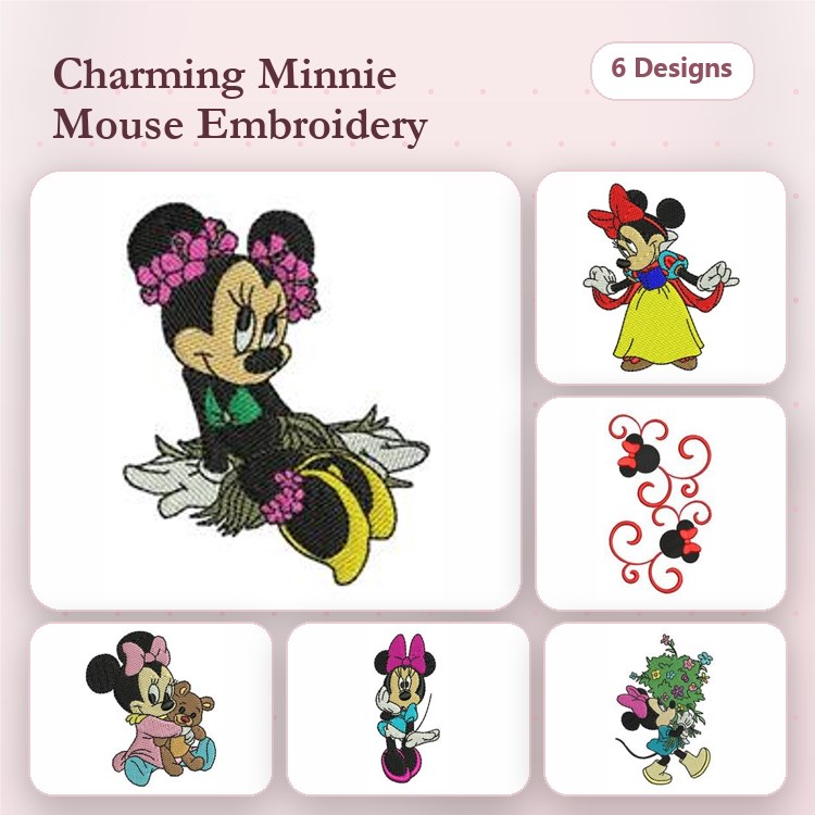 Minnie Mouse Embroidery Designs Bundle – Minnie with Flowers, Traditional Dress, Bow & More (6 Designs)