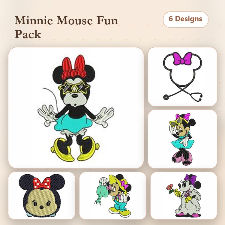 Minnie Mouse Characters Embroidery Designs Bundle – Sunglasses, Flowers, Green Outfit & More (6 Designs)