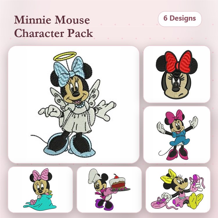 Minnie Mouse Characters Embroidery Designs Bundle – Minnie with Halo, Dancing, Cake & More (6 Designs)