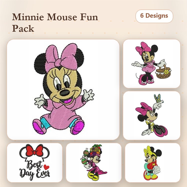 Minnie Mouse Characters Embroidery Bundle – Minnie with Bow, Basket, Flowers & More (6 Designs)