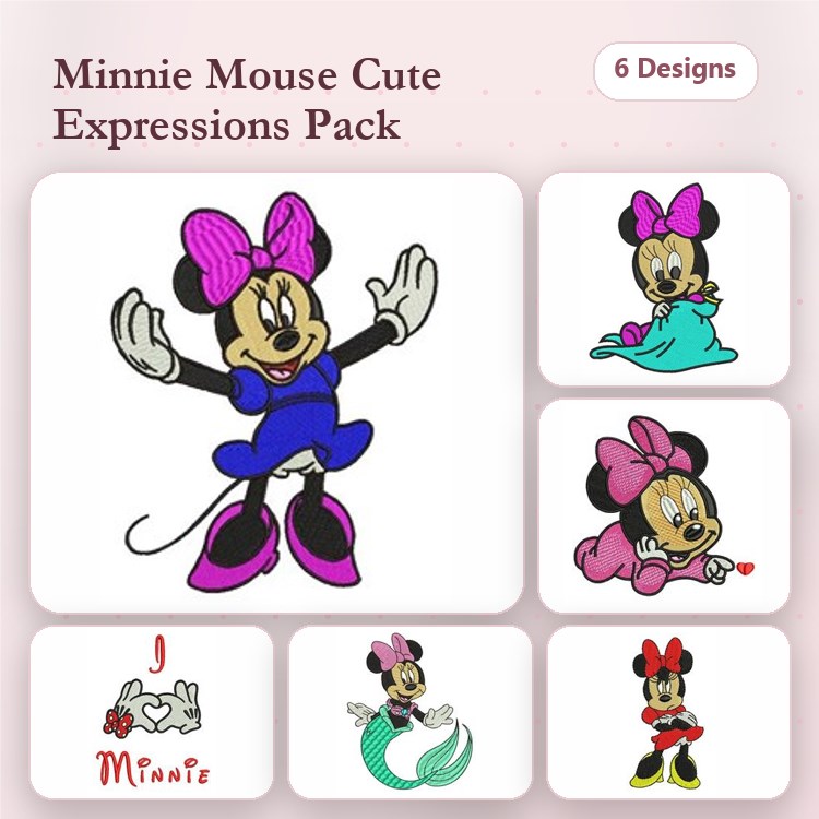 Minnie Mouse Embroidery Designs Bundle – Dancing, Green Dress, Pink Bow & More (6 Designs)