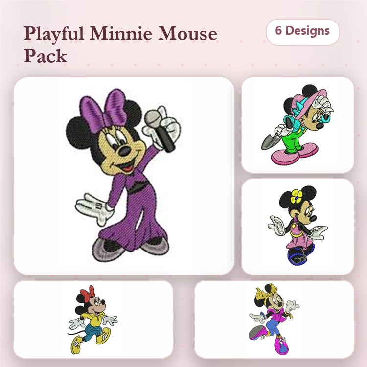 Minnie Mouse Embroidery Designs Bundle – Singing, Dancing, with Bow & More (6 Designs)