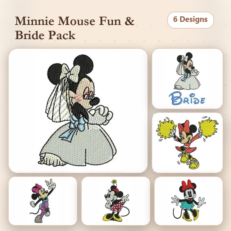 Minnie Mouse Characters Embroidery Bundle – Bride, Pom Poms, Pink Dress & More (6 Designs)