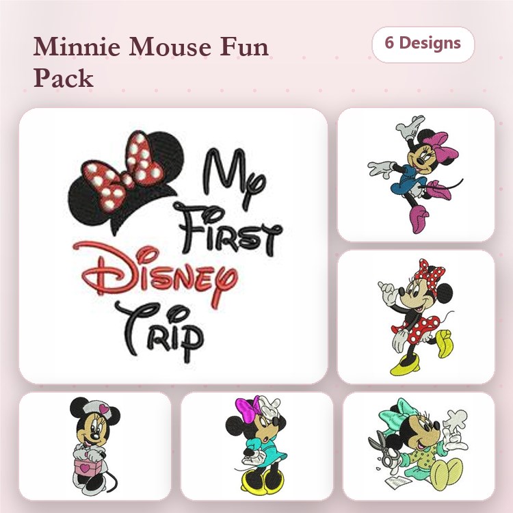 Minnie Mouse Embroidery Designs Bundle – Minnie with Bow, My First Disney Trip, Minnie in Dress & More (6 Designs)