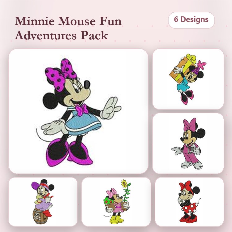 Minnie Mouse Adventures Embroidery Bundle – Minnie Mouse with Flowers, Gift, in Overalls & More (6 Designs)
