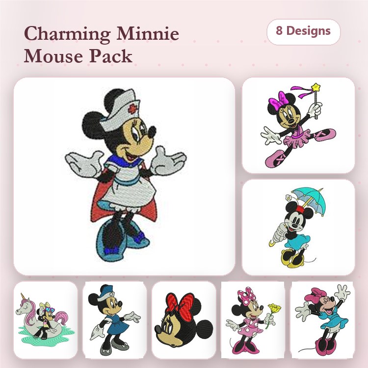 Charming Minnie Mouse Embroidery Designs Bundle – Chef, Umbrella, Pink Dress & More (8 Designs)