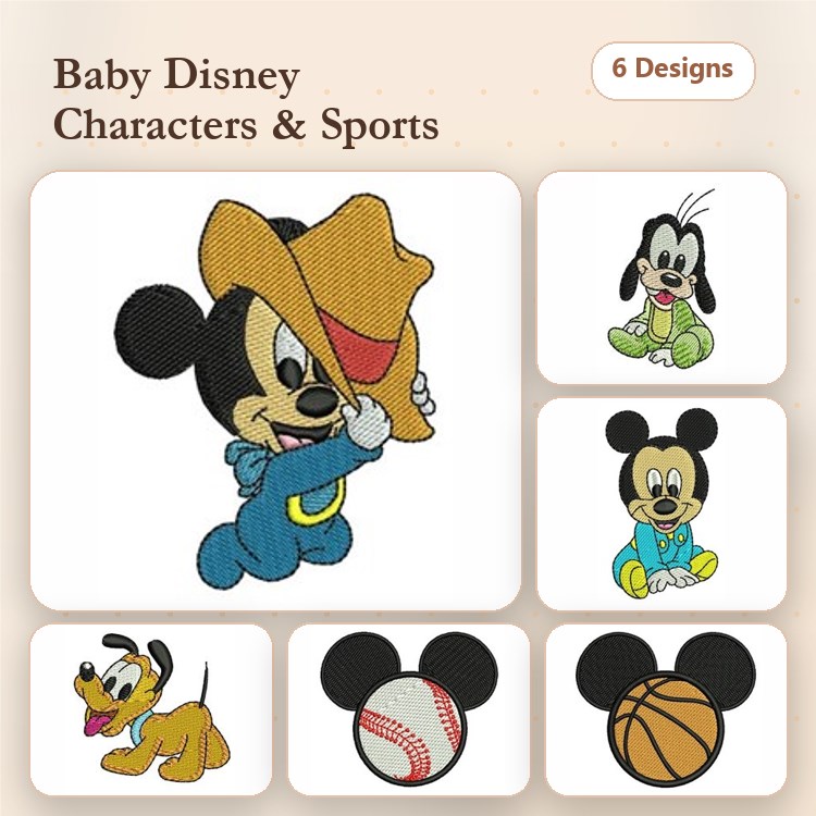 Baby Disney Characters & Sports Embroidery Designs Bundle – Mickey Mouse with Cowboy Hat, Pluto, Goofy & More (6 Designs)