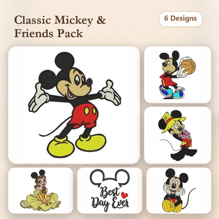 Mickey Mouse & Friends Embroidery Designs Bundle – Classic Mickey with Basketball, Minnie with Flowers & More (6 Designs)