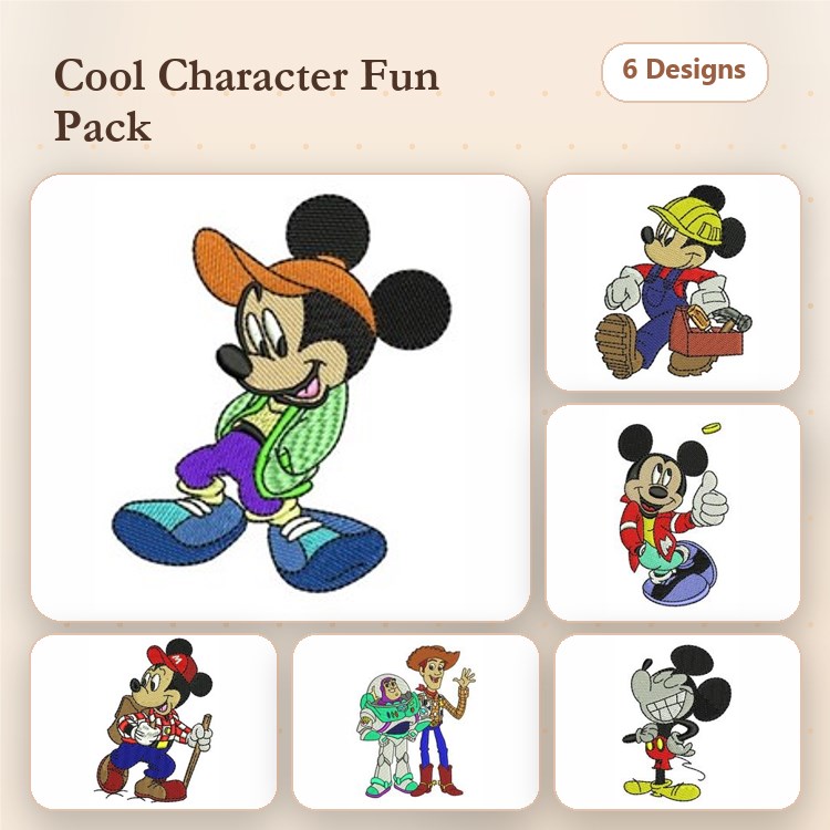 Mickey Mouse & Friends Embroidery Designs Bundle – Sweater, Tool, Flowers, Buzz Lightyear & More (6 Designs)