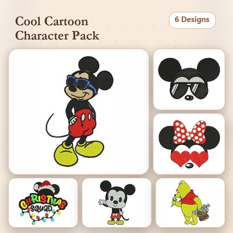 Mickey Mouse & Winnie the Pooh Embroidery Designs Bundle – Mickey with Sunglasses, Christmas Squad & More (6 Designs)