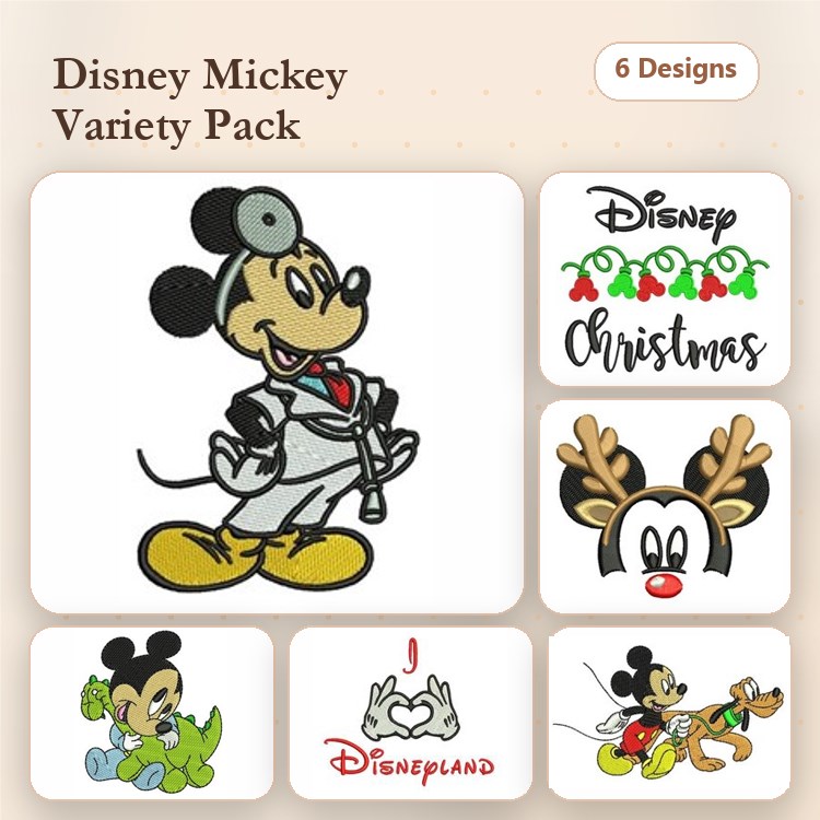 Mickey Mouse & Dinosaur Embroidery Bundle – Disney Characters (6 Designs)