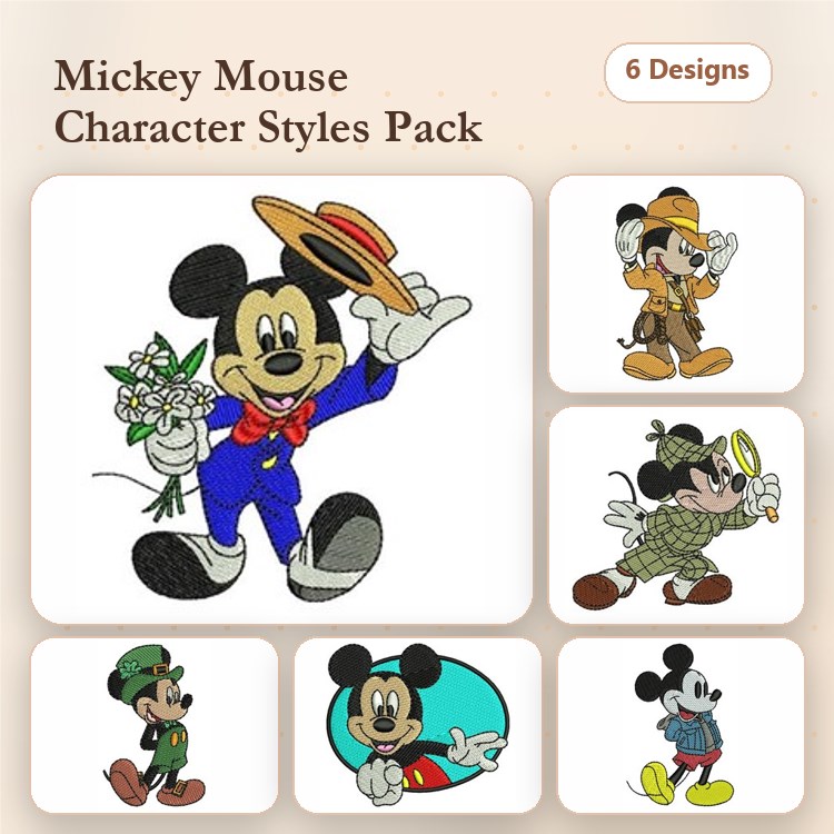 Mickey Mouse Embroidery Bundle – Mickey with Flowers, Brown Outfit, Green Hat & More (6 Designs)