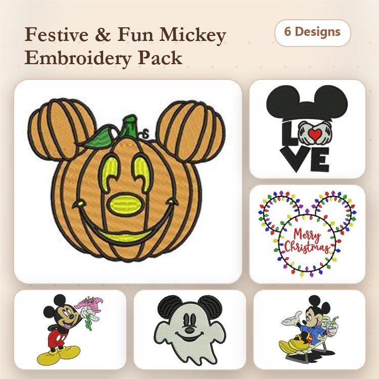 Mickey Mouse Embroidery Designs Bundle – Pumpkin, Love, Christmas & More (6 Designs)