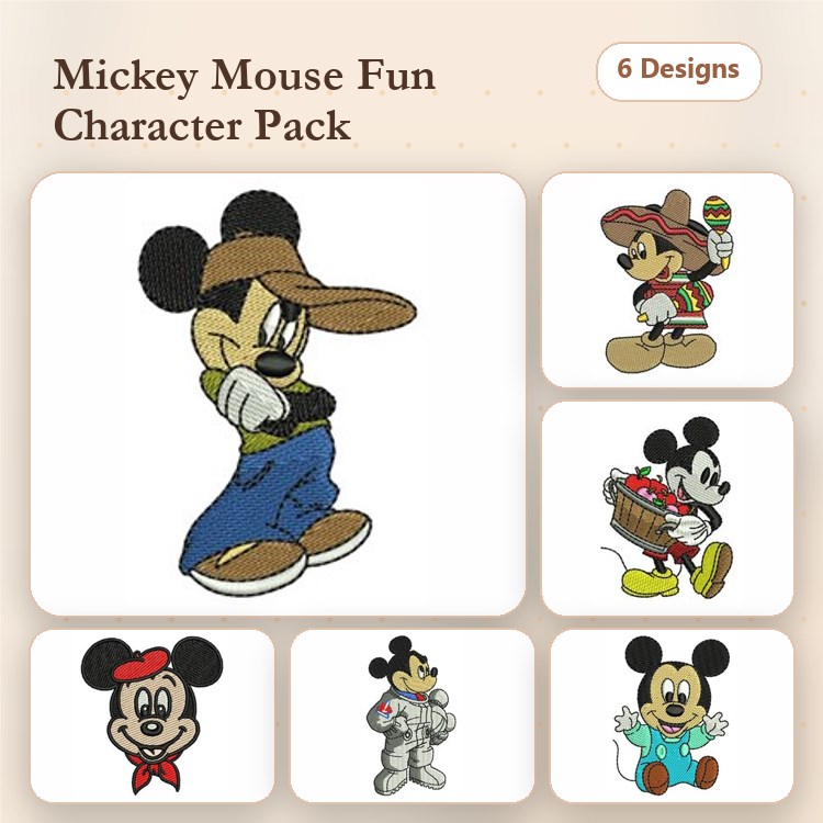 Mickey Mouse Characters Embroidery Bundle – Mickey with Ice Cream, in Overalls, in Cap & More (6 Designs)