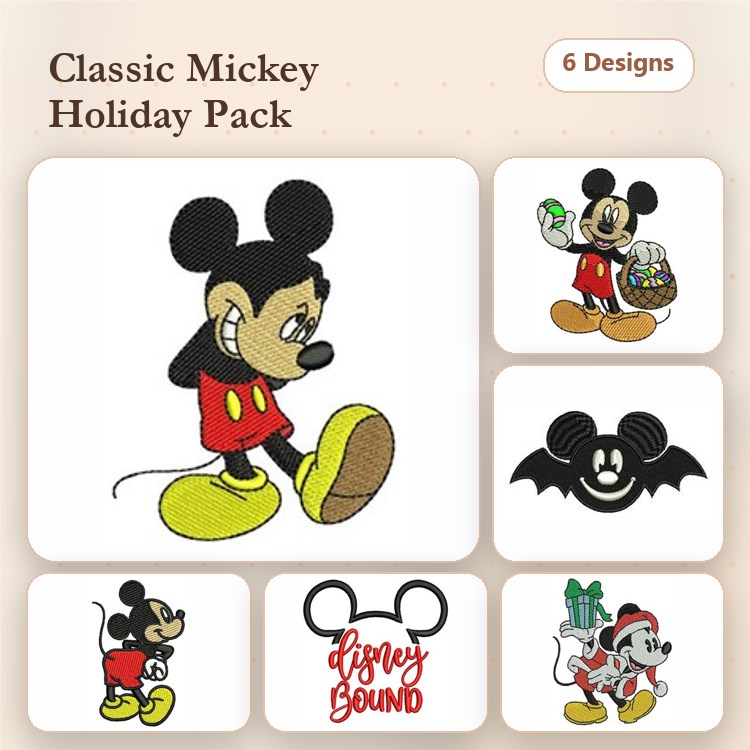 Mickey Mouse Holiday Embroidery Bundle – Mickey Mouse with Basket, Walking, Bat & More (6 Designs)