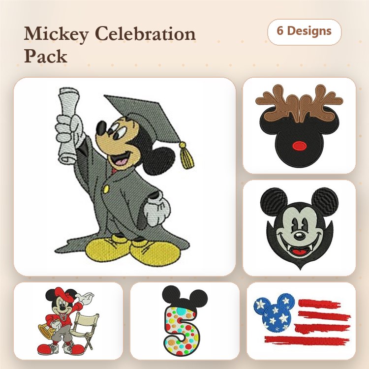 Mickey Mouse Celebration Embroidery Designs Bundle – Graduating Mickey, Reindeer Mickey, Mickey Mouse Head & More (6 Designs)