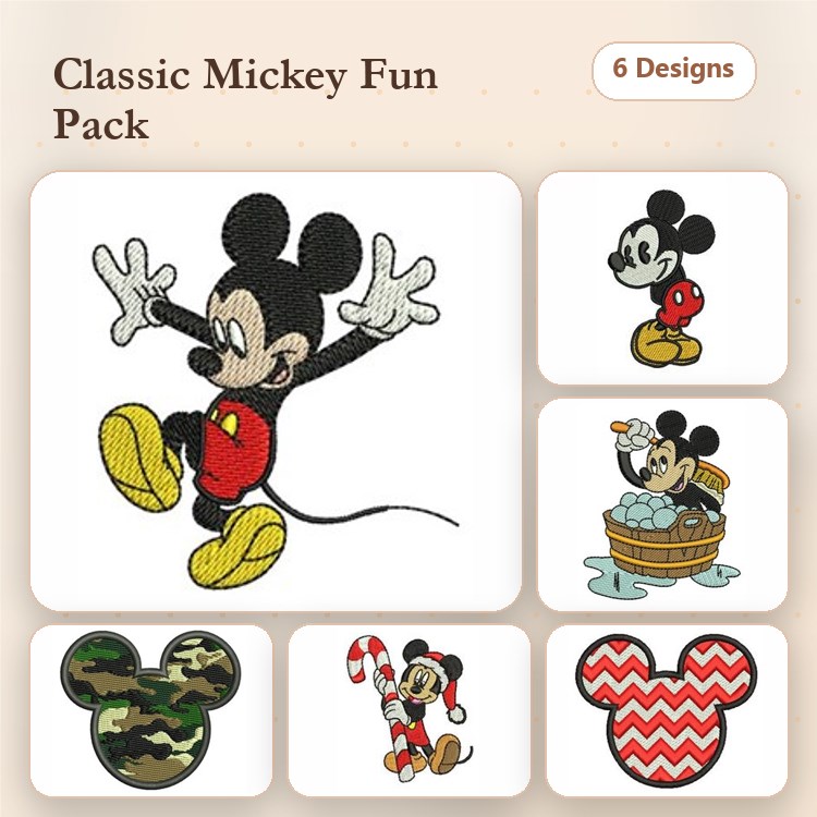 Mickey Mouse Embroidery Designs Bundle – Classic Standing Pose, Boat Fun, Camouflage & More (6 Designs)