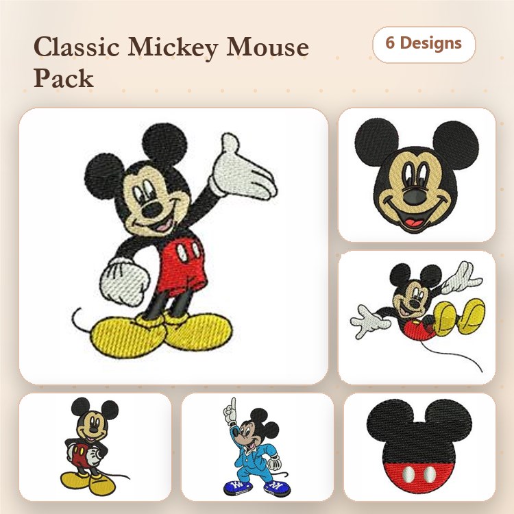 Classic Mickey Mouse Embroidery Designs Bundle – Mickey with Red Shorts, Waving, Sitting & More (6 Designs)