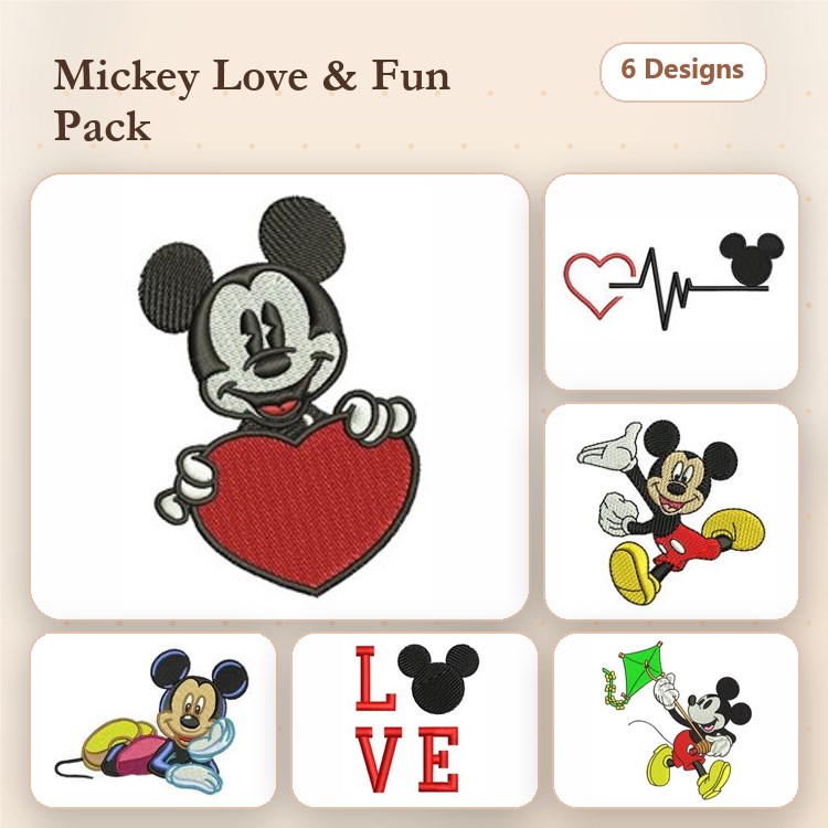 Mickey Mouse Embroidery Designs Bundle – Mickey with Heart, Heartbeat with Mickey, & More (6 Designs)