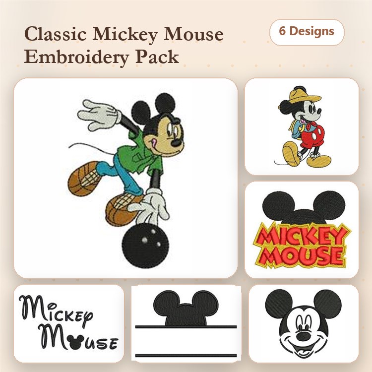 Classic Mickey Mouse Embroidery Designs Bundle – Bowling Mickey, Mickey with Hat, Mickey Text & More (6 Designs)