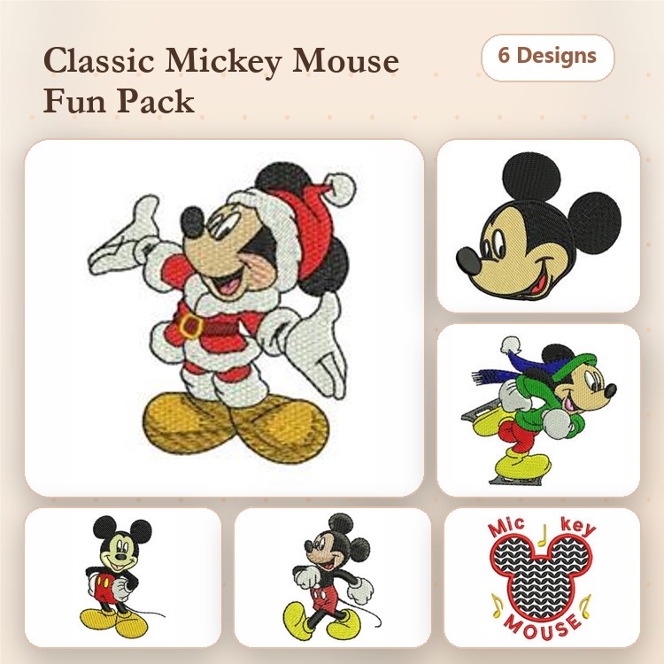 Mickey Mouse Embroidery Designs Bundle – Santa, Classic Mickey, Mickey in Green & More (6 Designs)