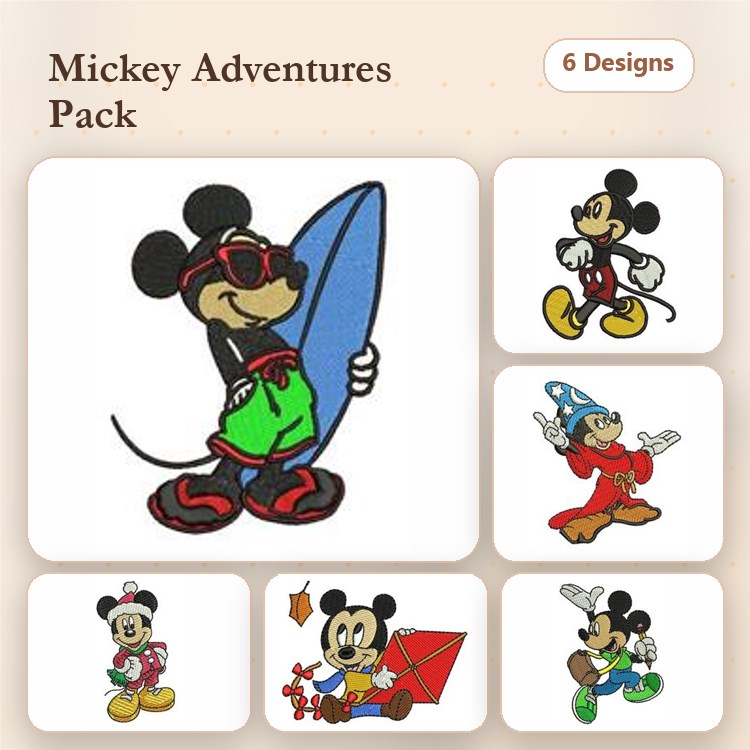 Mickey Mouse Adventures Embroidery Bundle – Surfboard, Kite, Wizard, & More (6 Designs)