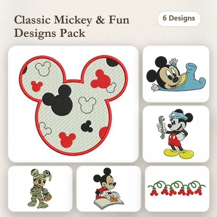Classic Mickey Mouse Embroidery Designs Bundle – Mickey Mouse Head, Mickey Mouse with Book, Mickey Mouse in Blue & More (6 Designs)