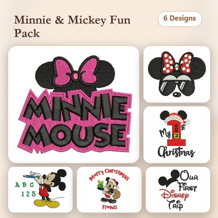 Minnie & Mickey Christmas Embroidery Bundle – Minnie Mouse, Our First Disney Trip, Mickey's Christmas Fun & More (6 Designs)