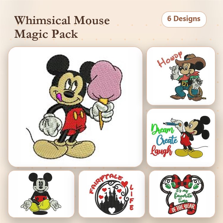 Mickey Mouse Embroidery Designs Bundle – Cotton Candy, Life Quote, Silhouette & More (6 Designs)