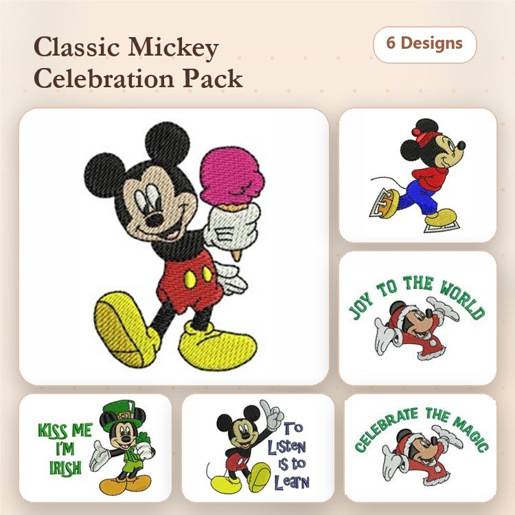 Mickey Mouse Celebrations Embroidery Designs Bundle – Mickey with Ice Cream, Joy to the World, Kiss Me I'm Irish & More (6 Designs)