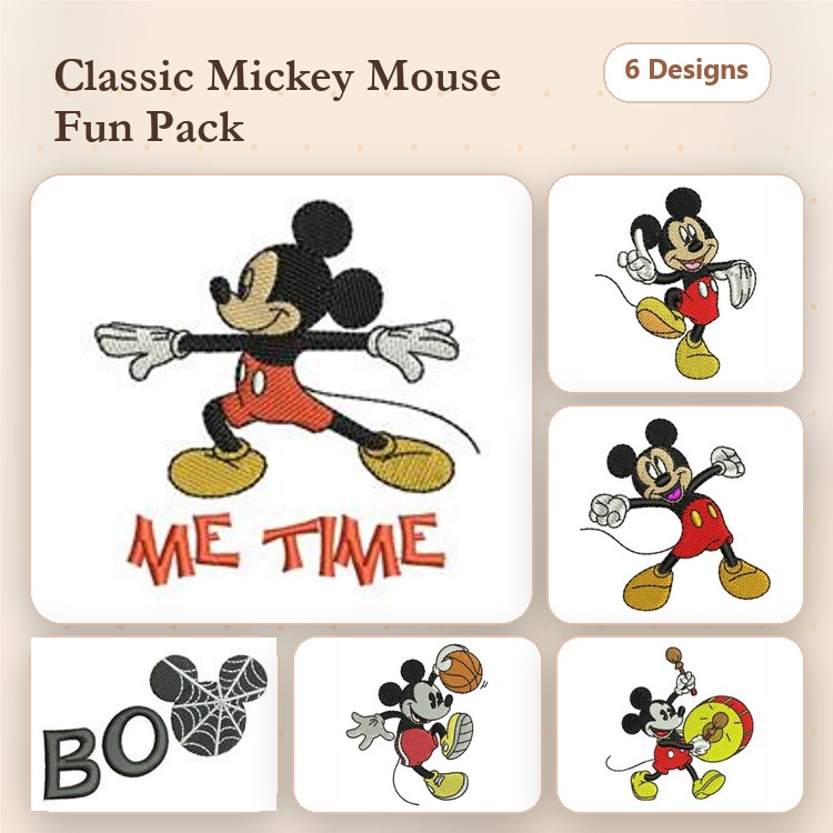 Mickey Mouse Embroidery Designs Bundle – Running, Dancing, Basketball & More (6 Designs)
